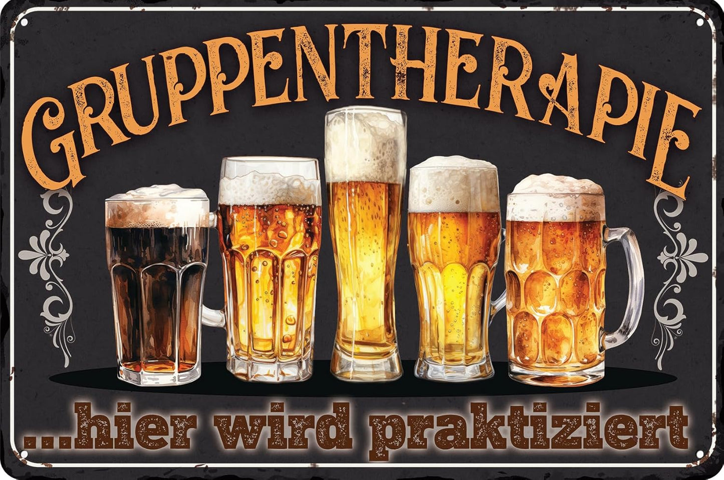 Humorvolles Blechschild auf dem verschiedene Biersorten unter dem Aufschrift Gruppentherapie abgebildet sind