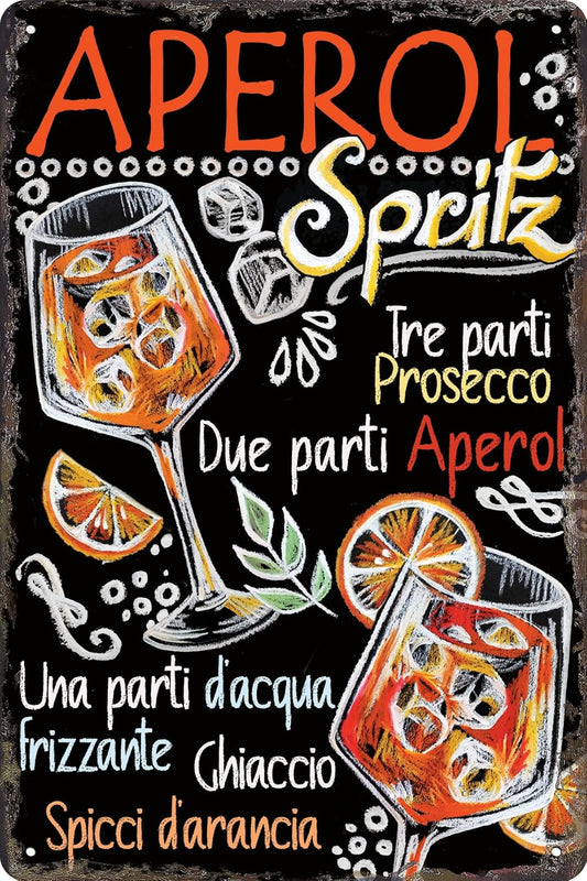 Blechschild mit Aperol Spritz Rezept in Italienisch und Illustration von Aperol Glas