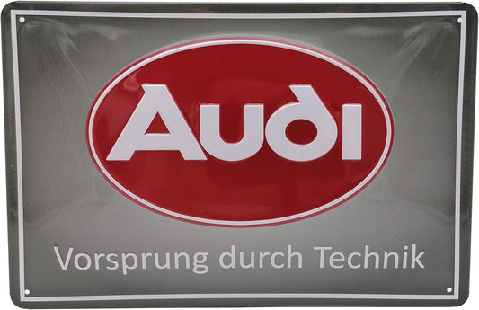 Blechschild mit Audi Logo und der Aufschrift Vorsprung durch Technik 