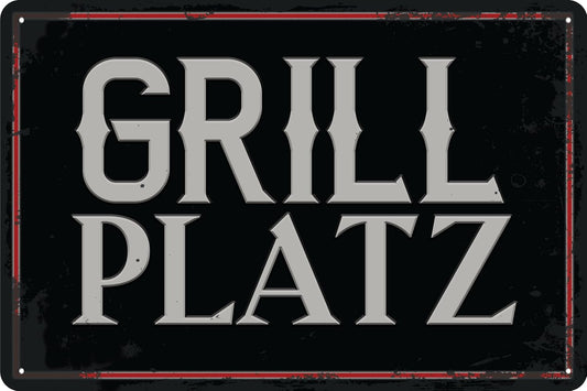 Blechschild mit Schriftzug Grillplatz auf schwarzem Hintergrund