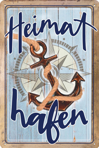 Blechschild mit Schriftzug Heimat Hafen und einem Anker mit Seil