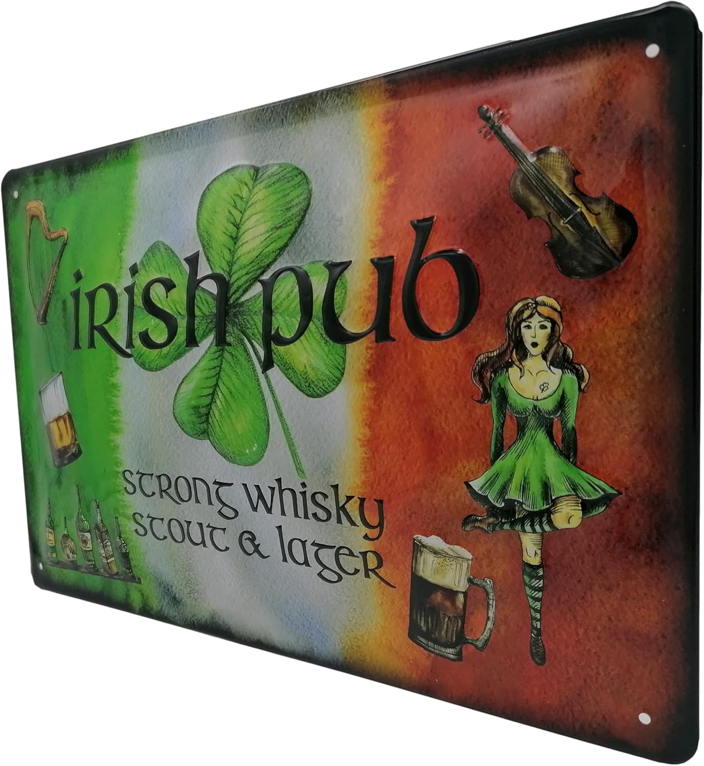 Seitliche Ansicht eines Blechschilds mit Irish Pub Motiv