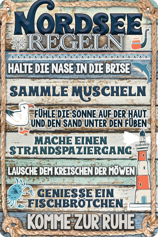 Blechschild mit Nordsee Regeln wie halte die Nase in die Brise sammle Muscheln und genieße ein Fischbrötchen