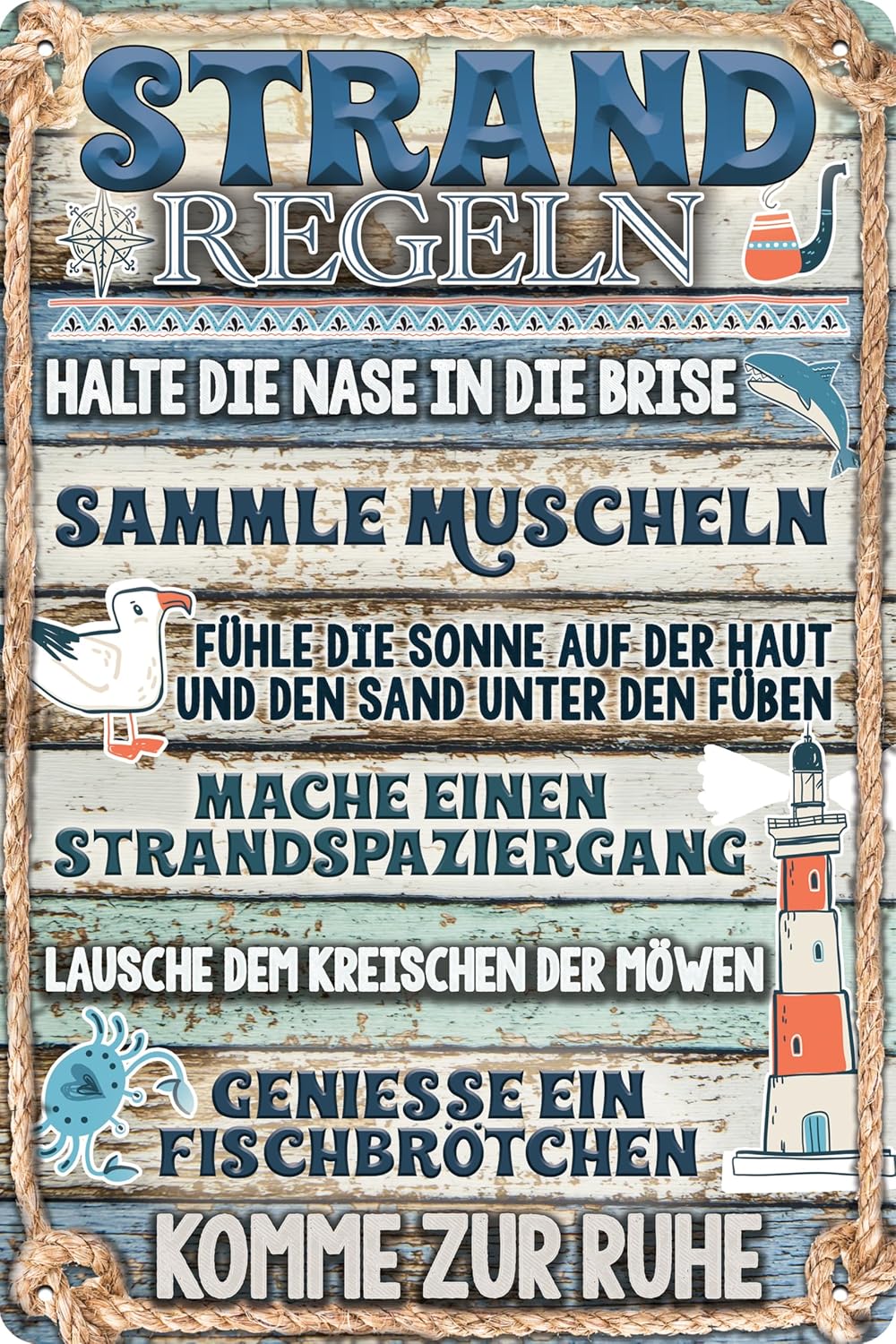 Blechschild mit Strand Regeln wie halte die Nase in die Brise sammle Muscheln und lausche den Möwen