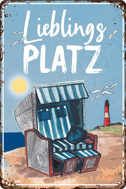 Blechschild mit Strandkorb und Schriftzug Lieblingsplatz am Strand mit Leuchtturm und Möwen