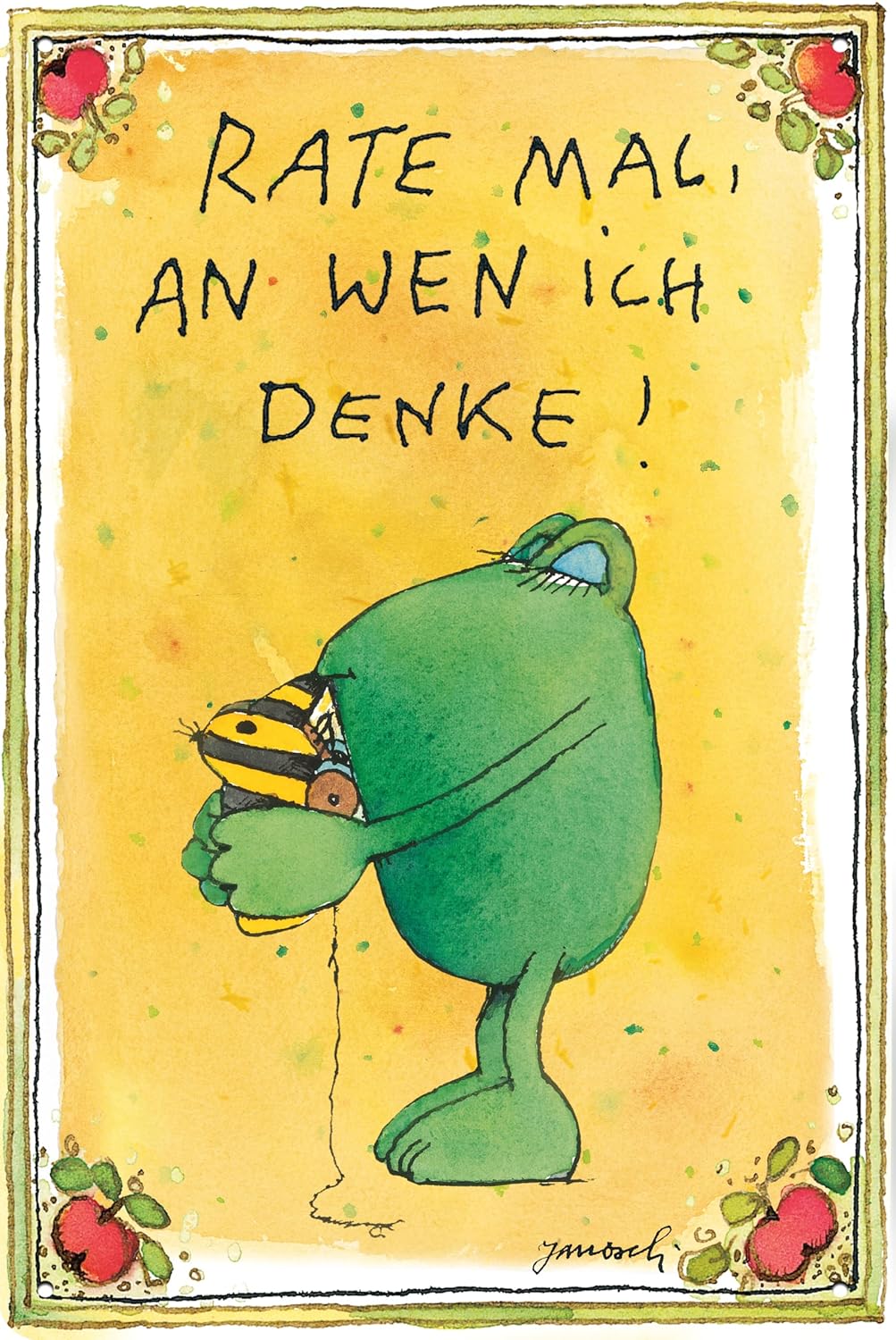 Janosch Blechschild mit grünem Frosch der eine Biene hält und der Aufschrift Rate mal an wen ich denke