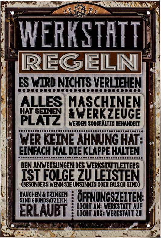 Blechschild mit Werkstattregeln im Retro Stil